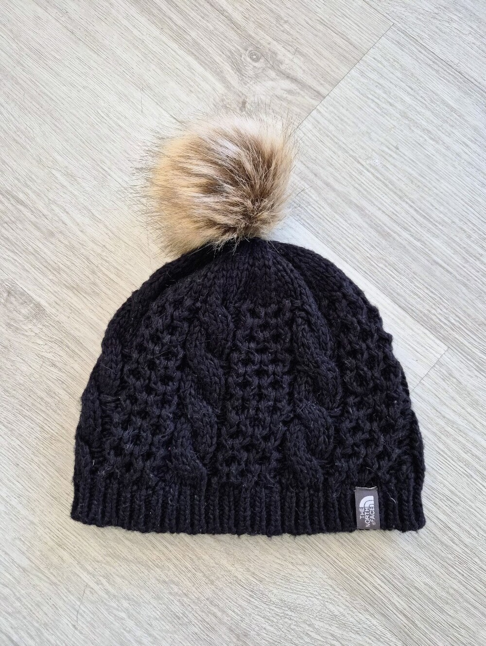 The North Face Unisex Black Cable Knit Fleece Lined Pom Beanie Hat One Size